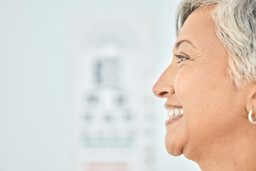 Image showing Side profile, face and mockup of a woman for optometry, vision test and exam for healthcare. Smile, medical and a mature person or customer at a clinic for service, wellness and space for eye care