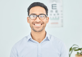 Image showing Man, face or glasses for vision, eye exam or optometry in clinic wellness, health or prescription frames. Happy, person, portrait or Mexican patient in optician, ophthalmology and eyesight assessment
