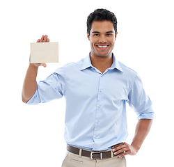 Image showing How do you like this idea. Studio shot of a young man holding a blank card for copyspace isolated on white.