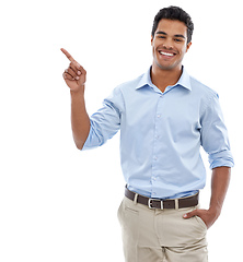 Image showing How do you like this. studio shot of a handsome young man pointing at copyspace.