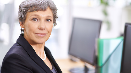 Image showing Others in the office look up to her. Portrait of a mature woman sitting in an office.