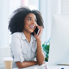 Image showing She loves getting positive feedback from clients. Shot of a young businesswoman talking on a cellphone in an office.