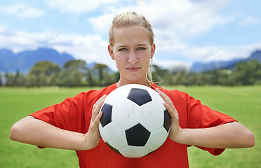 Image showing Getting focused for the game. Portrait of a determined young female soccer player.