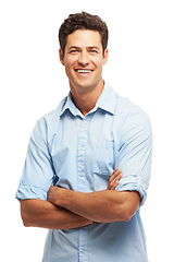 Image showing Hes naturally confident. Portrait of a handsome young man standing with his arms folded.