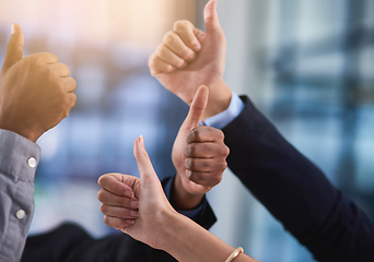 Image showing Were rooting for you. Cropped shot of a group of businesspeople showing a thumbs up gesture.