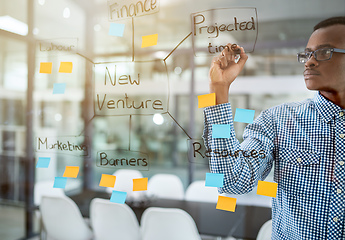 Image showing Hes got a clear vision for his new business venture. Shot of a young man having a brainstorming session in a modern office.