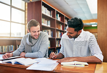 Image showing Lets compare notes. Shot of two university students working together in the library at campus.