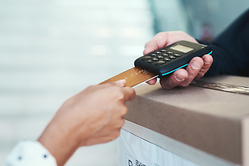 Image showing We make paying for a delivery so easy for you. Shot of an unrecognizable delivery man receiving payment from a female customer for her order.