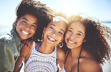 Image showing Were happiest when were together. Cropped shot of three friends enjoying themselves at the beach on a sunny day.