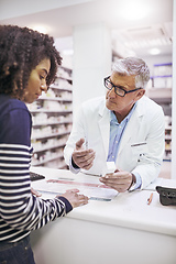 Image showing Just take these twice a day. Shot of a dedicated mature male pharmacist giving a customer prescription meds over the counter.