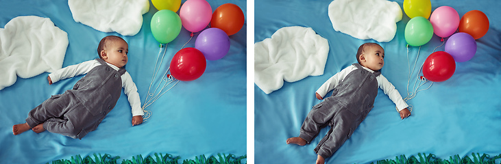 Image showing Going on an aerial adventure. Composite concept shot of an adorable baby boy flying through the sky holding a bunch of balloons.