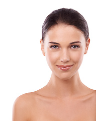 Image showing Happy and it shows Shes radiantly beautiful. Cropped studio portrait of an attractive young brunette isolated on white.