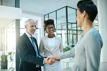 Image showing Theyre always happy to add members to the team. Shot of businesspeople shaking hands in an modern office.