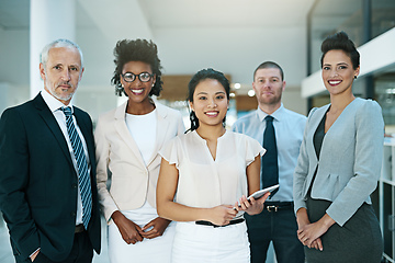 Image showing Theyre led by a confident, charismatic leader. Portrait of a group of businesspeople standing together.