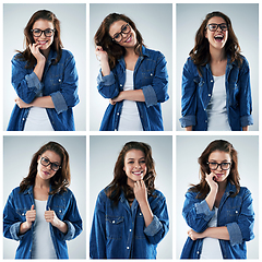 Image showing No matter what, youre perfect in every single way. Composite shot of a young woman in various studio poses against a grey background.