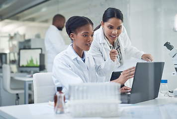 Image showing Improving lives one collaboration at a time. Shot of two young scientists using a laptop in a laboratory.