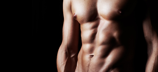 Image showing Masculinity in portrait. Studio shot of a muscular shirtless man isolated on black.