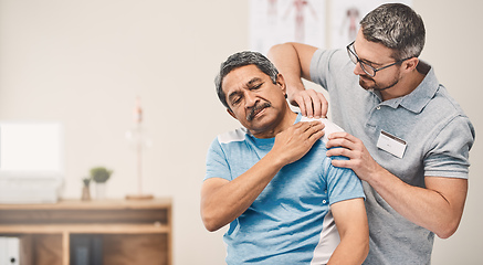 Image showing Go easy at the gym from now on. Shot of a senior man going through rehabilitation with his physiotherapist.