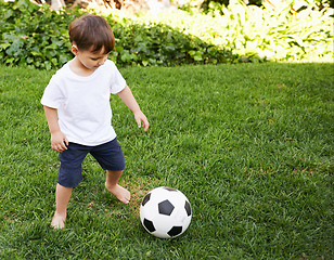 Image showing Backyard soccer. A sweet little boy with a soccer ball in the backyard.