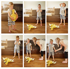 Image showing It was an accident.... Composite shot of a mother scolding her little son for breaking a vase at home.