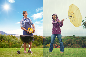 Image showing The weather can change in an instant. Composite shot of a man barbequing on a sunny day while a a woman fights against the wind on a rainy day.