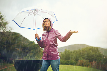 Image showing Everything is looking better now. Shot of a woman having a barbecue outside in the rain while holding an umbrella and looking up into the sky.