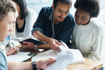 Image showing Working together makes a better end result for every student. Shot of a study group going over work in their textbook.