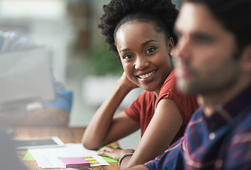 Image showing Who said business has to be boring. Cropped shot of a creative businesswoman looking happy at a meeting.