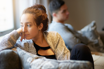 Image showing Going through a rough patch. Shot of a young woman looking despondent after a fight with her boyfriend.