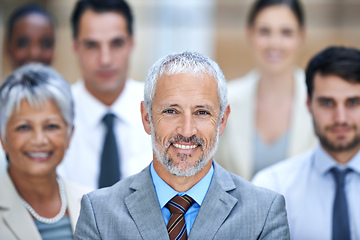 Image showing We dont dream of success, we work for it. Portrait of a smiling businessman surrounded by a group of his colleagues.