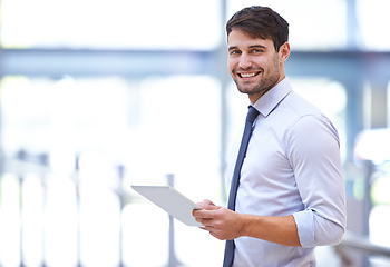 Image showing This tablet exceeds my expectations. Portrait of a handsome young office worker holding a digital tablet.