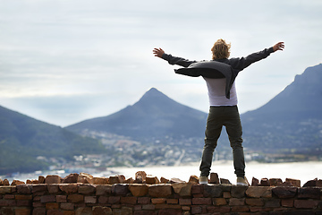 Image showing What a day to be alive. Shot of a young man standing on a wall looking at the natural scenery.