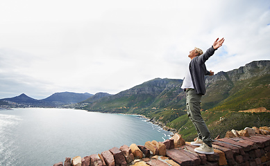 Image showing Embracing the magnificence of nature. Shot of a young man standing on a wall looking at the natural scenery.