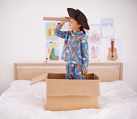 Image showing Is that a whale. A little boy playing pirate in a cardboard box.