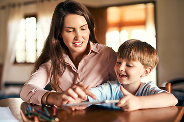 Image showing Playing an active role in the learning process. Shot of a little boy using a digital tablet while doing homework with help from his mother.