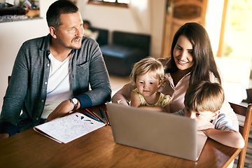 Image showing Play, entertainment and learning all in one. Shot of an adorable brother and sister using a laptop with their mother at home.