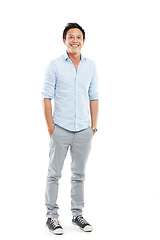 Image showing Pulling off the casual look with ease. Studio portrait of a handsome young man posing confidently against a white background.