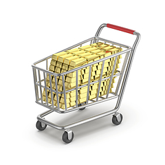 Image showing Shopping cart with many gold bars