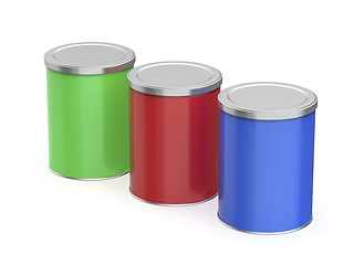 Image showing Three metal canisters with different colors