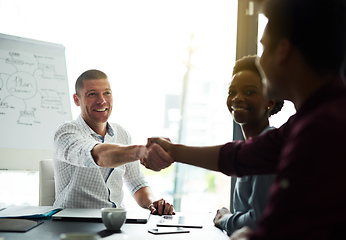 Image showing Our skills together will make for a winning combination. Cropped shot of businesspeople shaking hands during a meeting in an office.