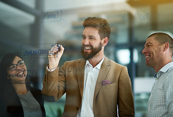 Image showing Success forms when brilliant minds come together. Cropped shot of a group of colleagues brainstorming on a glass wall in an office.