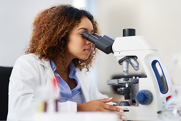 Image showing Analysing microscopic data. Cropped shot of a young female scientist looking into a microscope.