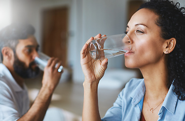 Image showing Cool, clean and refreshing. Shot of a couple drinking glasses of water together at home.