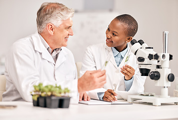 Image showing Science, microscope and sample with a research team in the laboratory for biochemistry or sustainability. Medical, agriculture or growth with a man and woman scientist in a lab for innovation