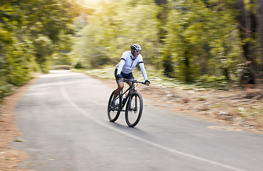 Image showing Nature road, mountain bike and sports man travel, ride and adventure on bicycle, triathlon challenge or journey. Cycling competition, motion blur and cyclist training, freedom and workout in France