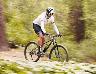 Image showing Nature, bicycle or fast sports man travel, ride and journey on off road adventure, outdoor challenge or bike exercise. Cycling action, speed blur or athlete training, fitness and competition in woods