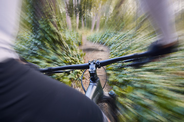 Image showing Nature, mountain bike sports and hands of person travel, ride and fast journey on off road path, cycling challenge or exercise. Bicycle handle bar, motion blur and athlete speed, training and action