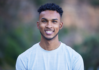 Image showing Fitness, exercise and portrait a happy man outdoor on a break or rest after run, workout or training. Face of indian athlete person or runner in nature for sports, cardio or health and wellness