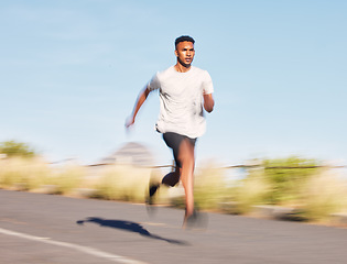Image showing Man, training and running on road in mountain, nature or outdoor exercise and athlete moving with speed, motion or workout. Male, fitness and runner in morning cardio, sports or goals for wellness