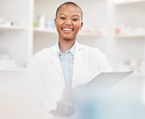 Image showing Checklist, smile and portrait of a woman pharmacist working in chemist for medication dispensary. Happy, clipboard and African female pharmaceutical worker in medicine pharmacy for healthcare career.